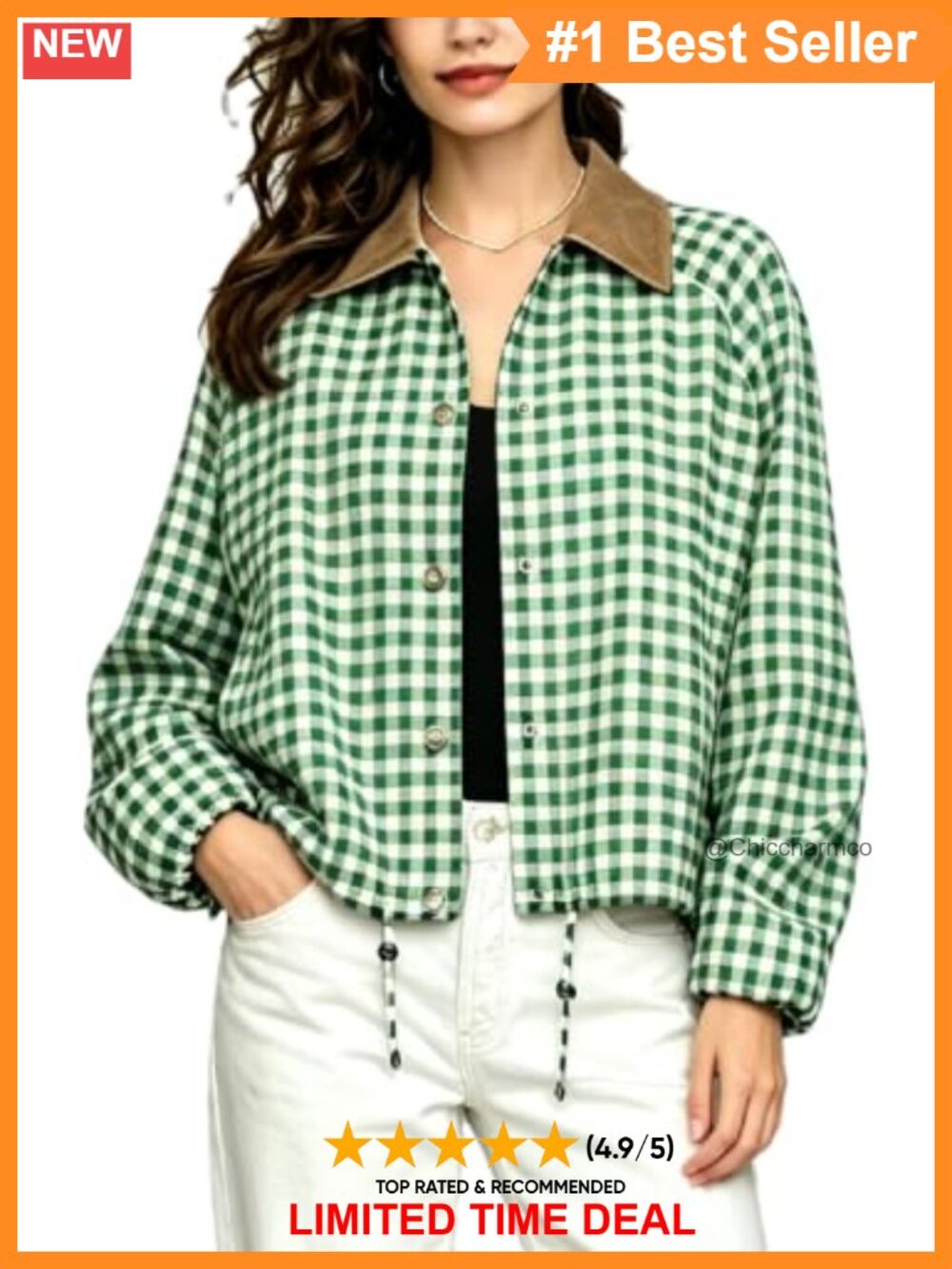 Women's Lightweight Plaid Crop Jacket Snap Button Casual Outerwear Pocket